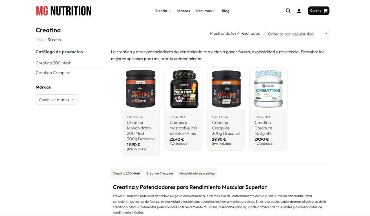 Diseño web ecommerce MG Nutrition