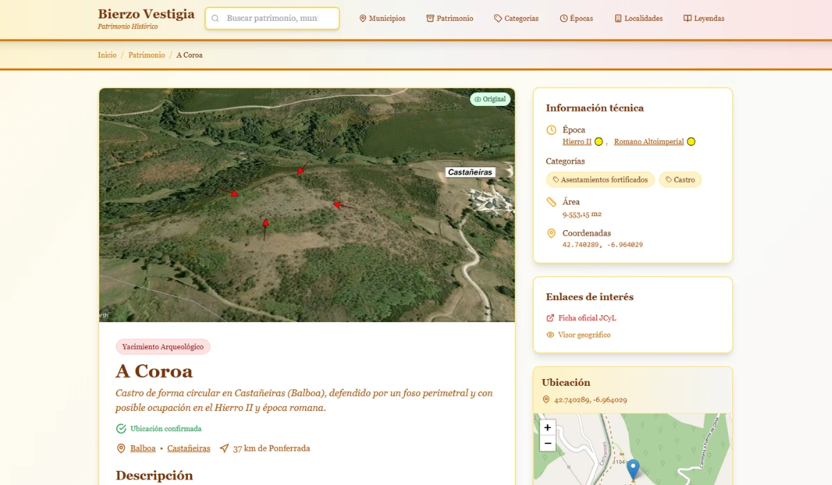 Ficha de yacimiento arqueológico en Bierzo Vestigia